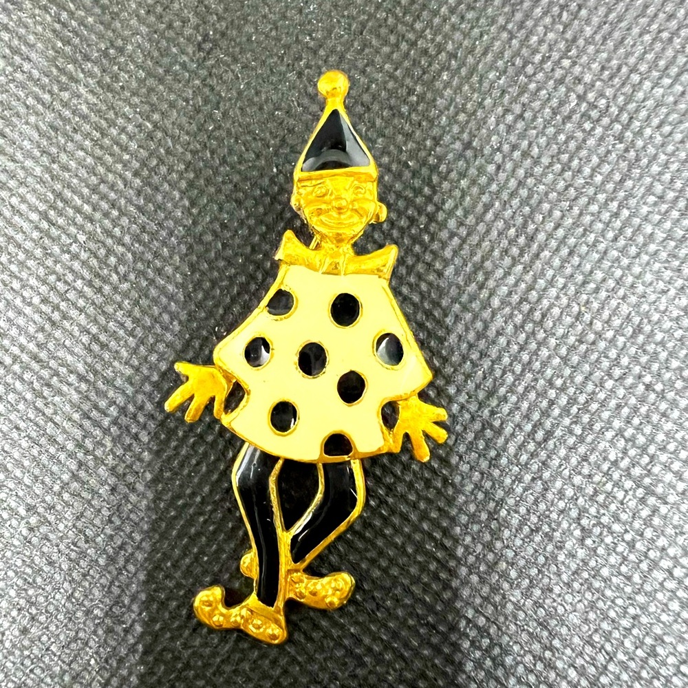 Vintage 60's Clown Brooch Enameled Black & White Polkadots Moving Legs